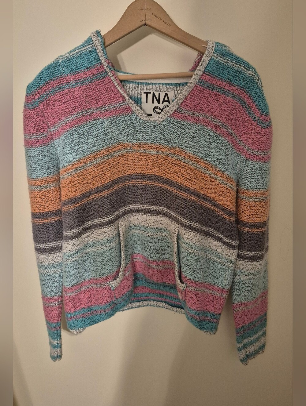TNA Aritzia Striped Knit Baja Hoodie Sweater Multicolor Pastel Size Medium Y2K
